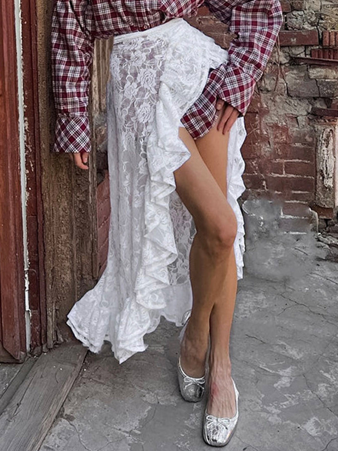 LULU & SKY Women Floral Lace Design Ruffle High-Low Hem A-Line Maxi Skirt