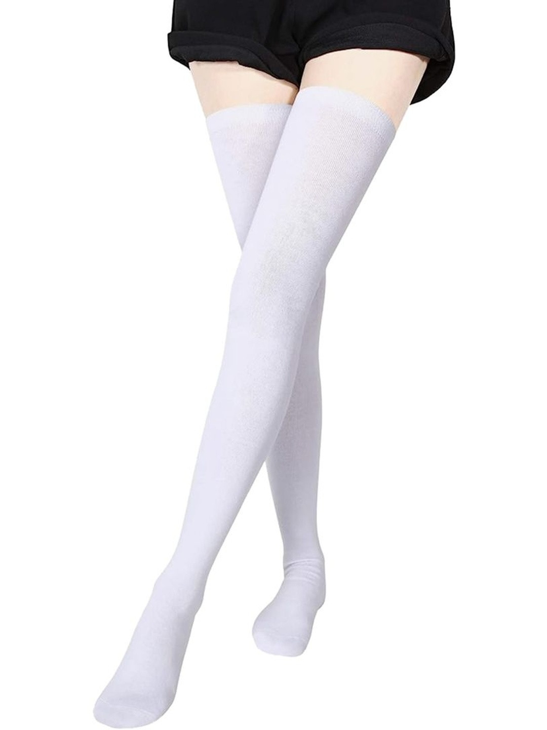 MUKHAKSH Women White Cotton Stocking Over the Knee Thigh Length Thigh High Socks