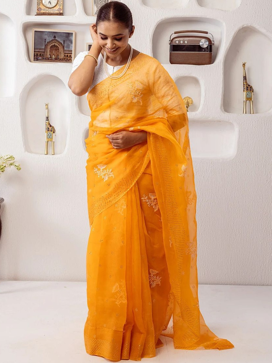 GAJRA Floral Embroidered Embellished Organza Saree