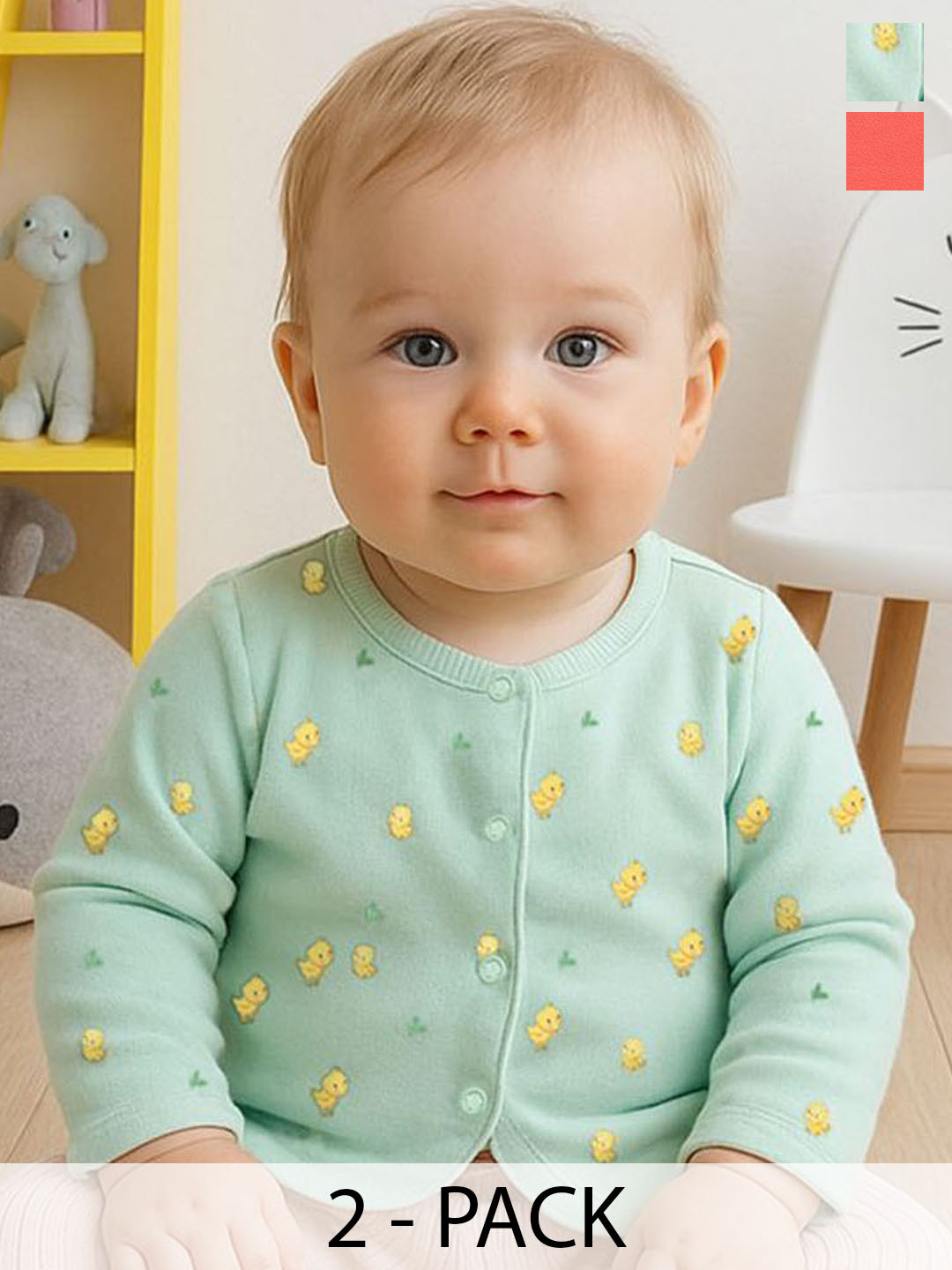 MINI KLUB Infant Boys Pack Of 2 Birds Printed & Striped Cotton Front Open Jhabla