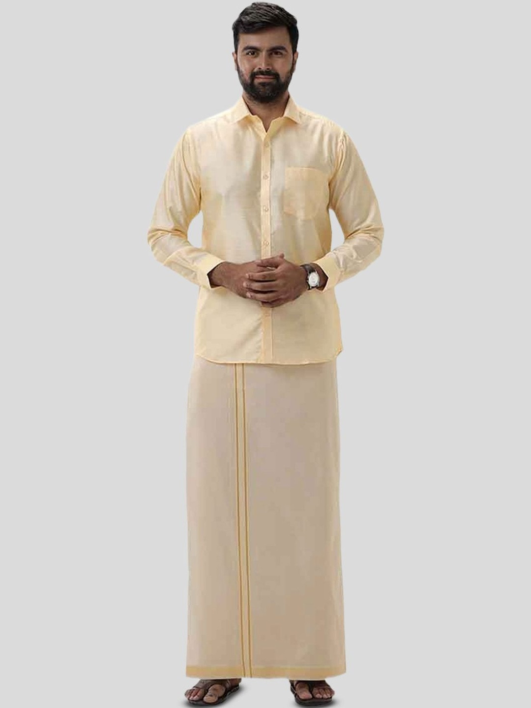 UATHAYAM Men Divine Elite Yellow Pure Silk Full Sleeve Shirt & Single Dhoti Set