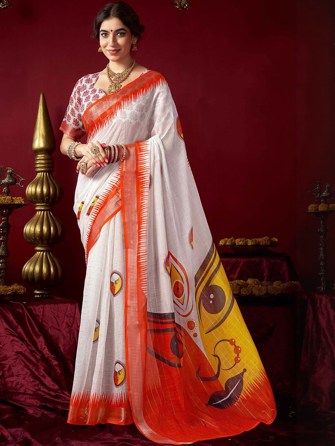 KALINI Ethnic Motifs Printed Laal Paar Saree With Unstiched Blouse Piece