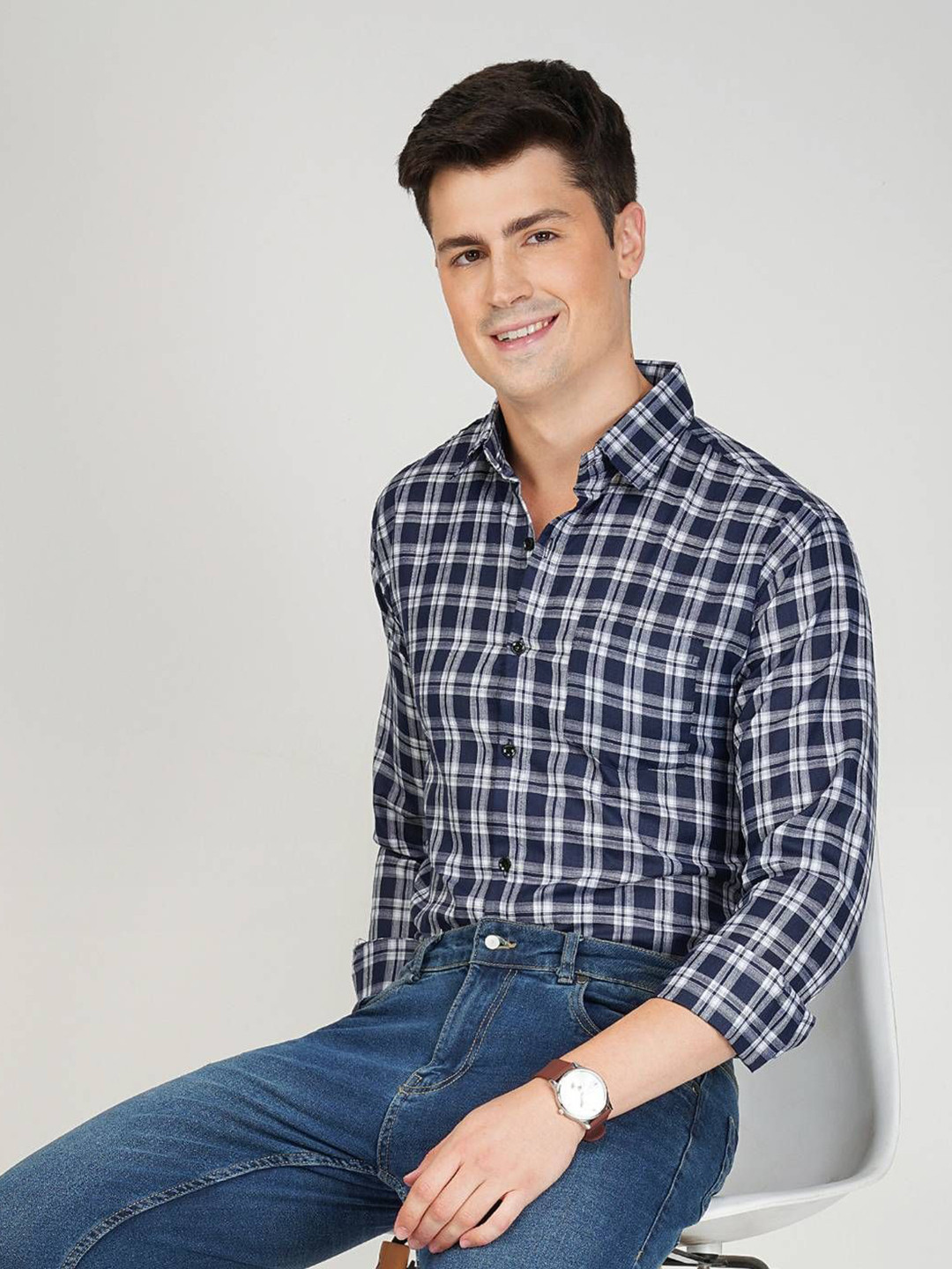 Navy Blue & White Tartan Checked Regular Fit Casual Shirt