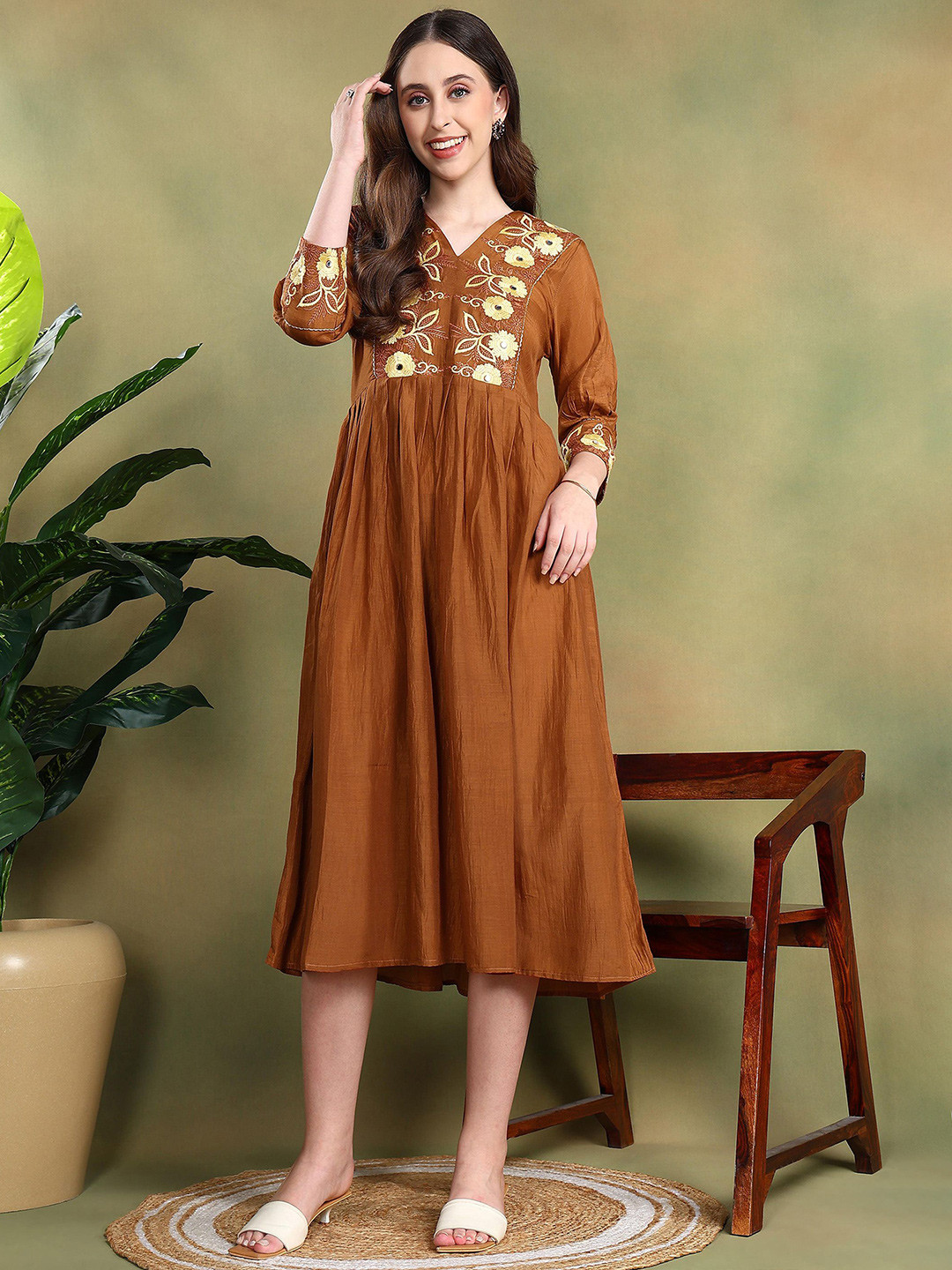 Aumira Floral Embroidered Silk Blend A Line Dress with Three Quarter Sleeves Sleeves