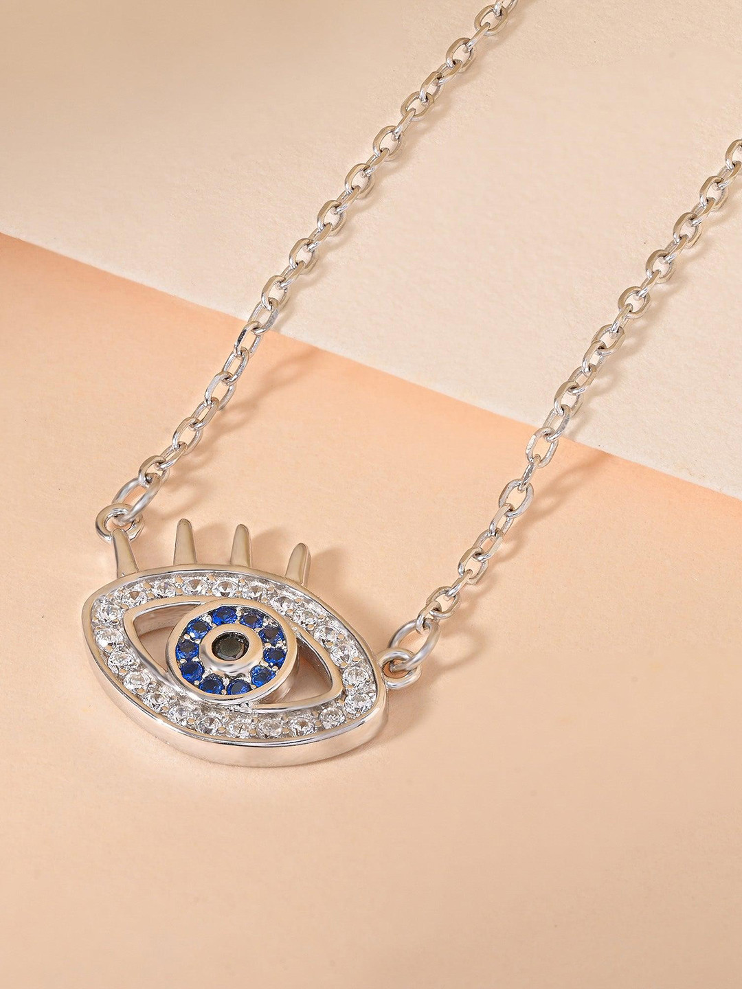 TOUCH925 92.5 Silver Rose Rhodium Plated Cubic Zirconia Studded  Evil Eye Minimal Necklace