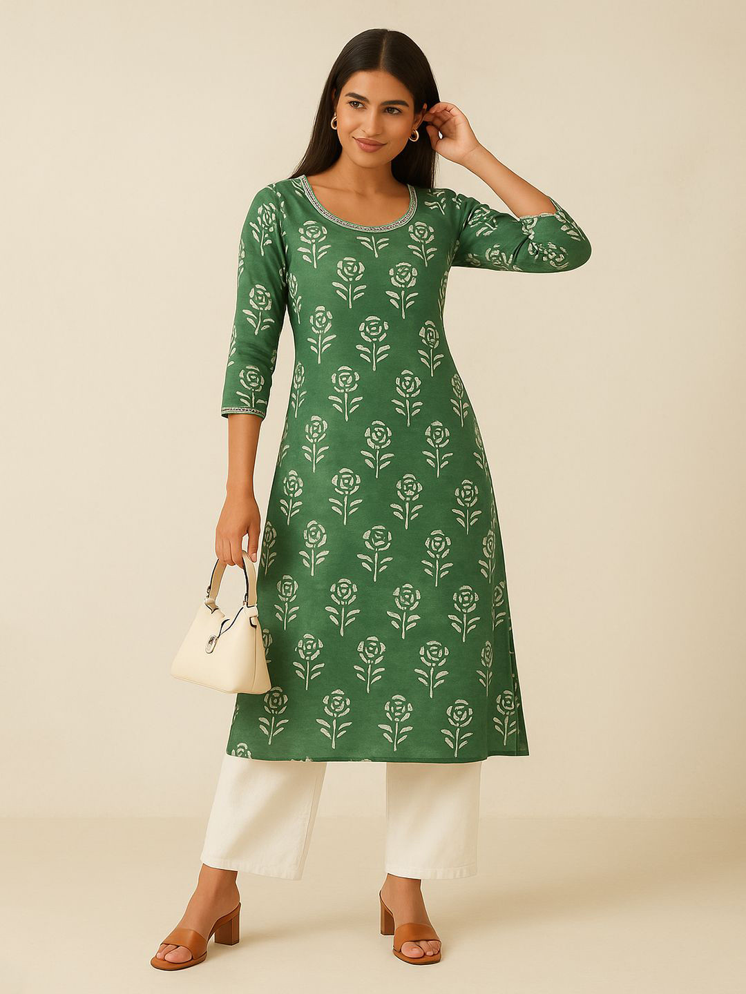 Eco Clothing Women Floral Block Printed Daily Cotton A-Line Kurta