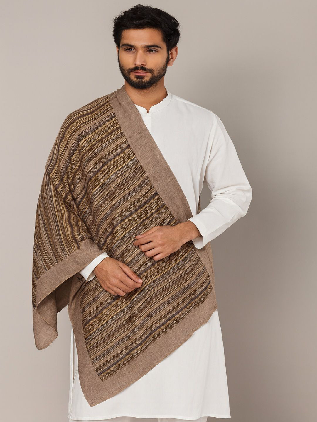 MUFFLY Men Striped Fine Wool Stole with Border