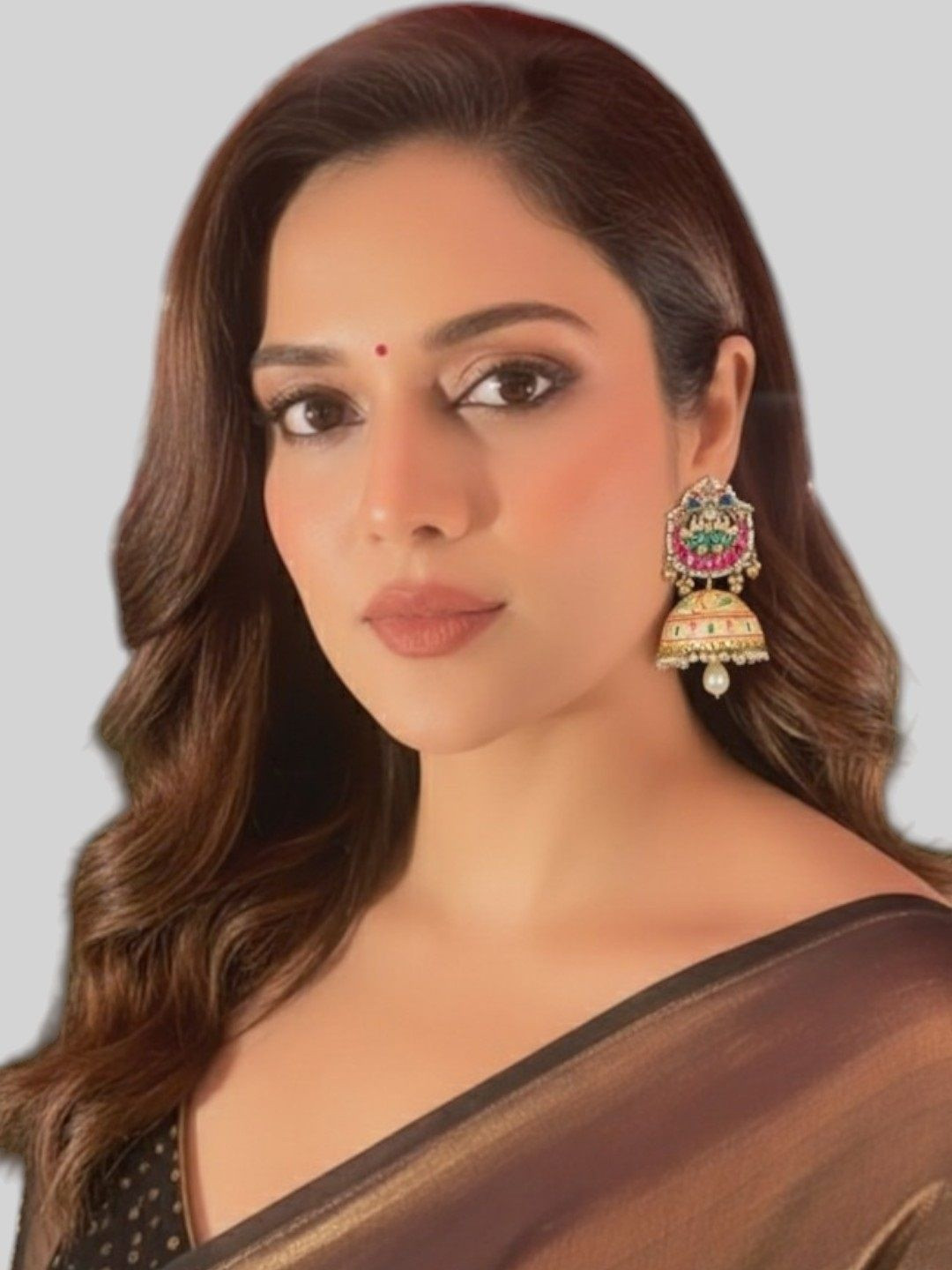 AURAA TRENDS Gold-Plated Artificial Stones And Beaded Meenakari Dome Shaped Drop Earrings