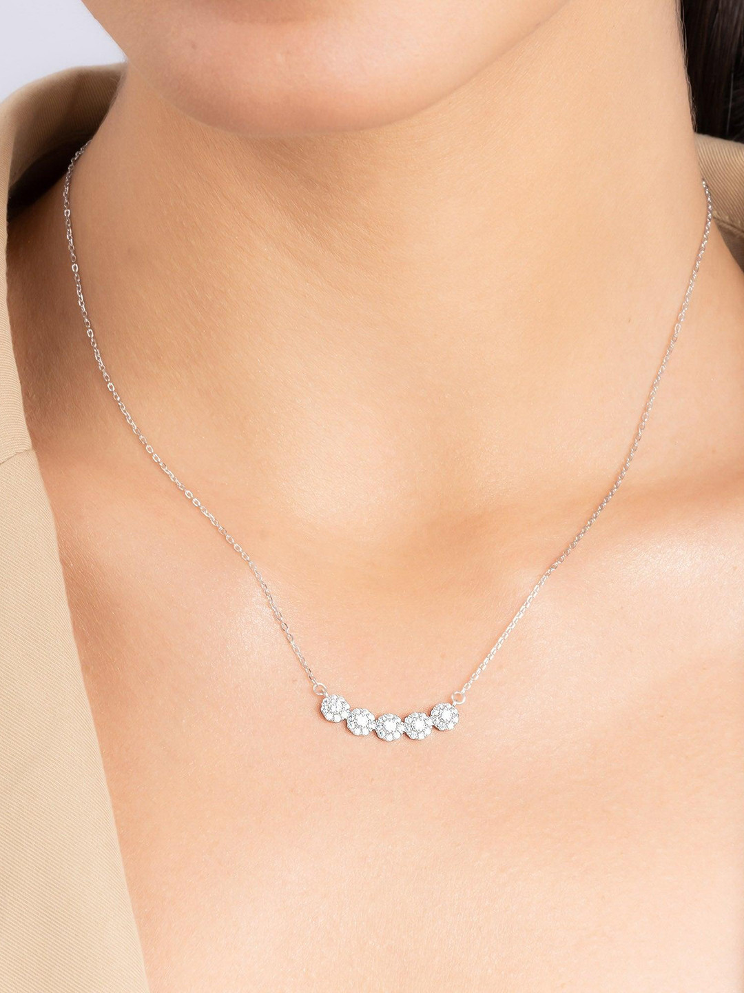 TOUCH925 Silver Cubic Zirconia Studded Minimal Necklace