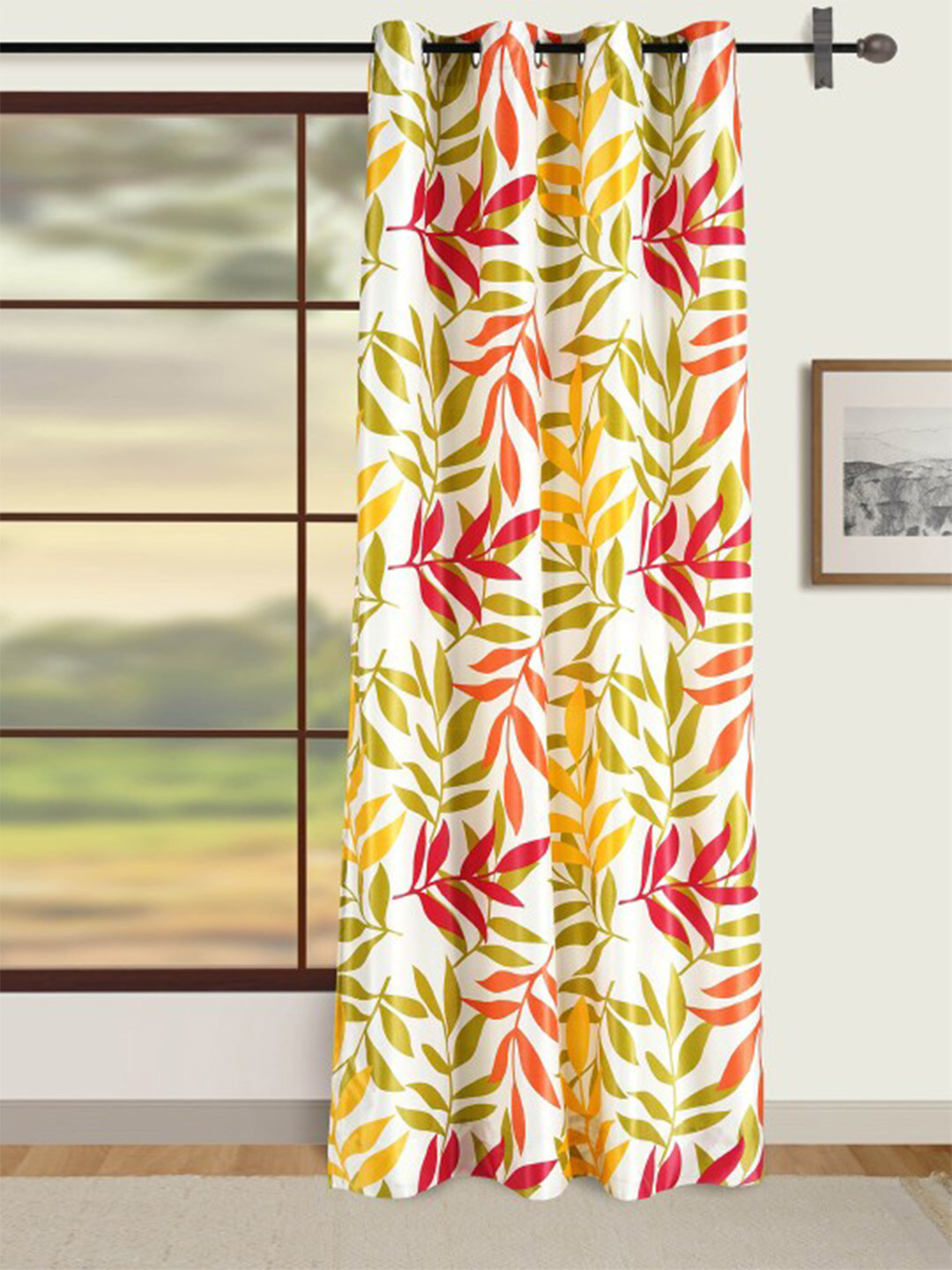 SWAYAM Omega Yellow & White Floral Room Darkening Long Door Curtain
