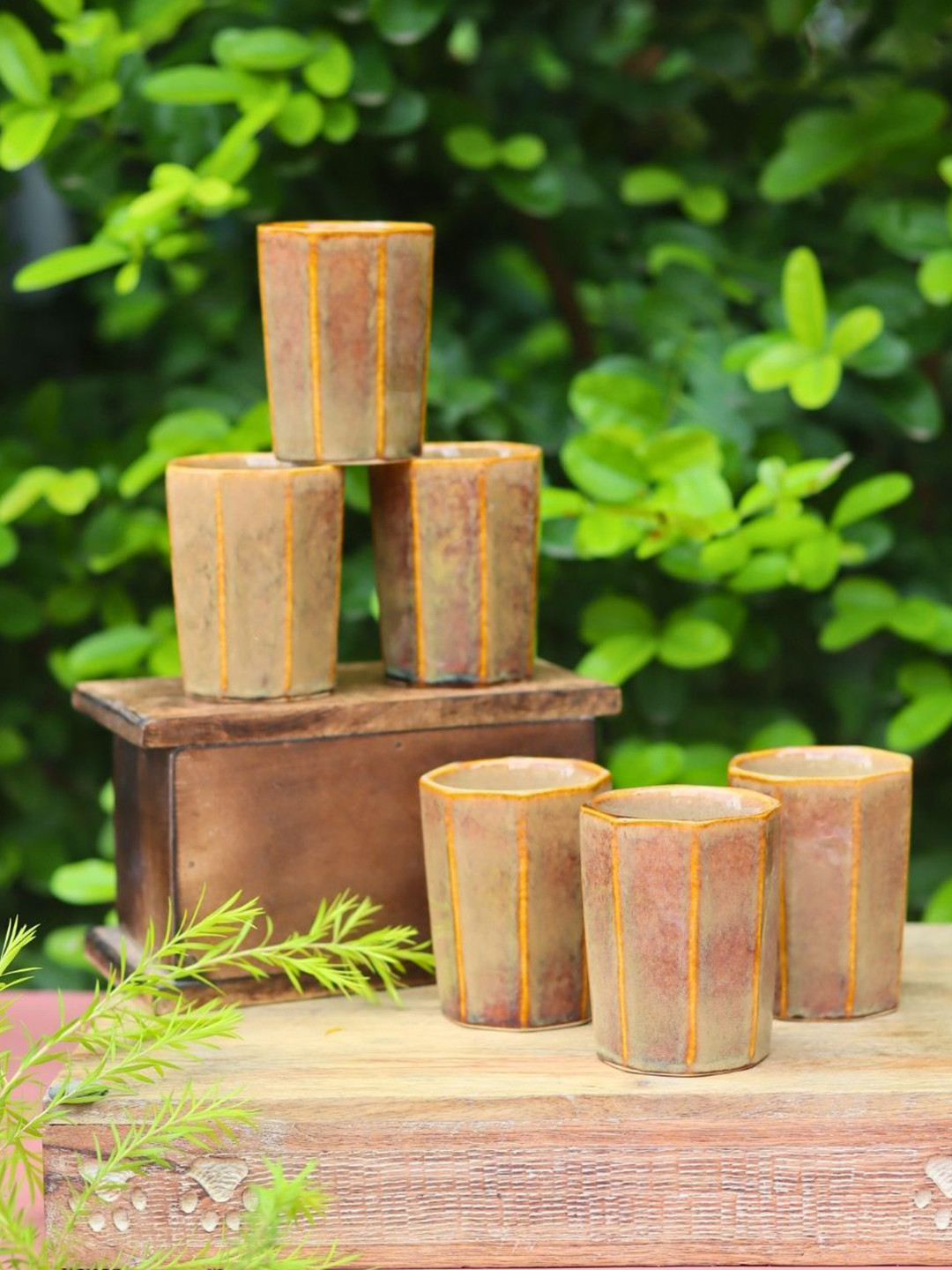 WEAVING HOMES Mustard & Brown Printed Ceramic Glossy Kulhads-100 ml Each