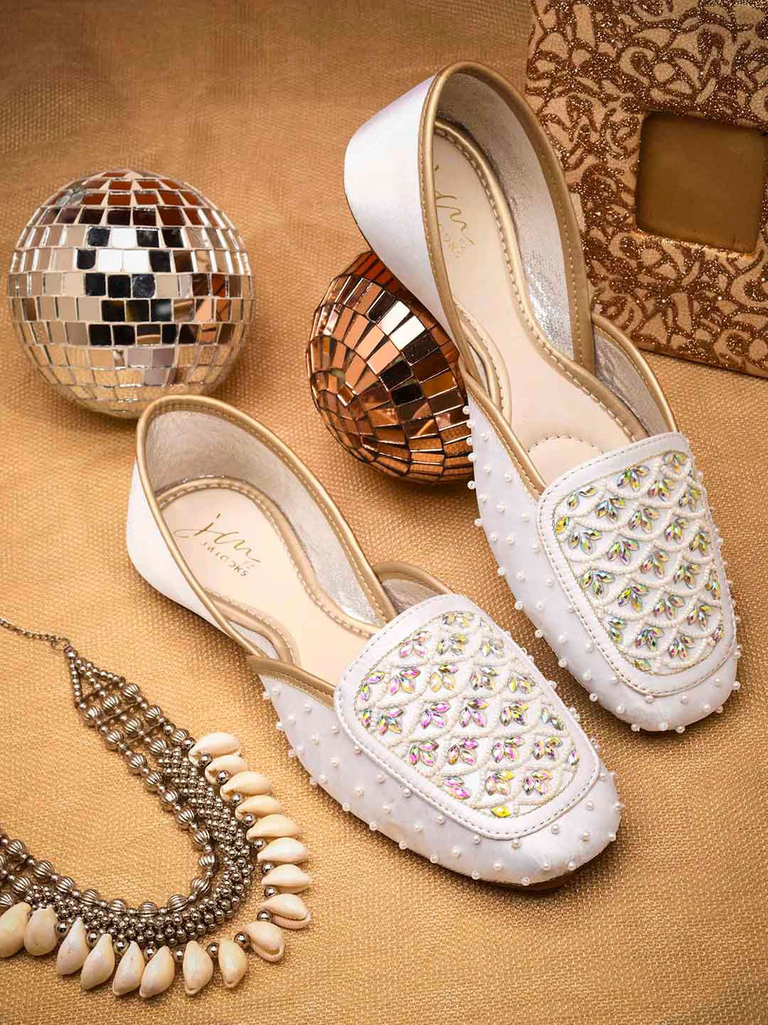 JM Looks Women Crystal Studded Jutti with Polka Embroidery