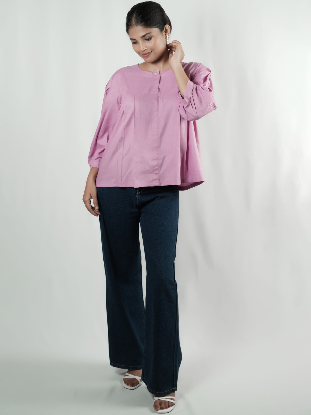 PALL&WE Women Round Neck Gathered or Pleated Puff Sleeve Top