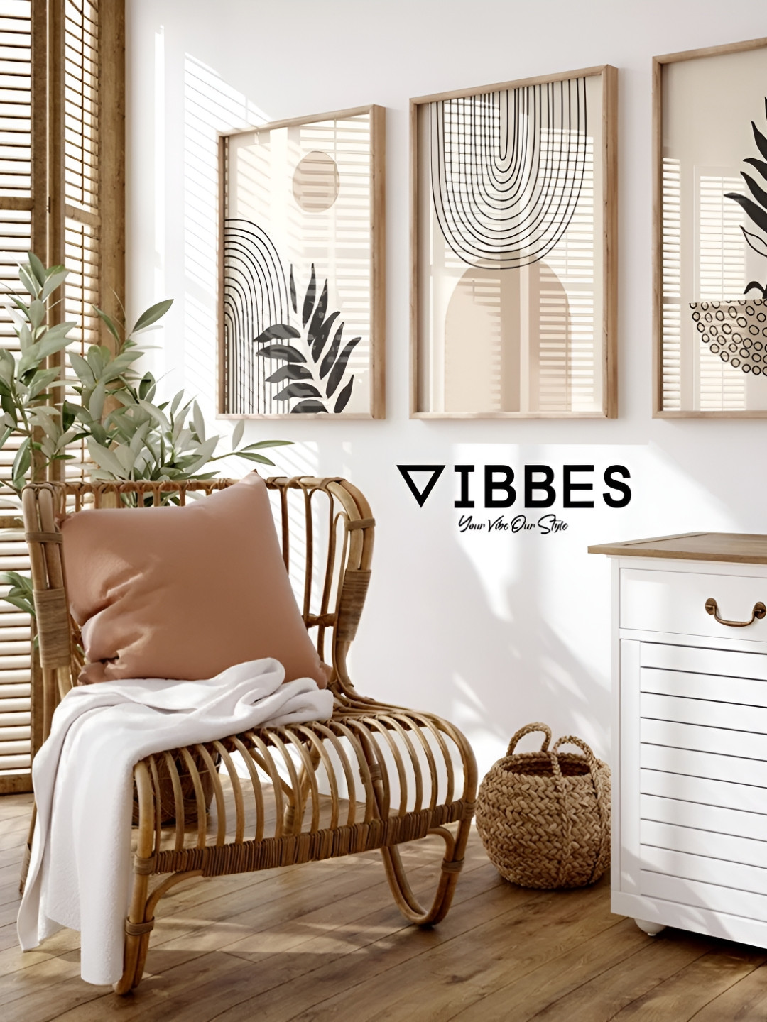 Vibbes Cream-Coloured Set of 3 Piece Wood Wall Paintings