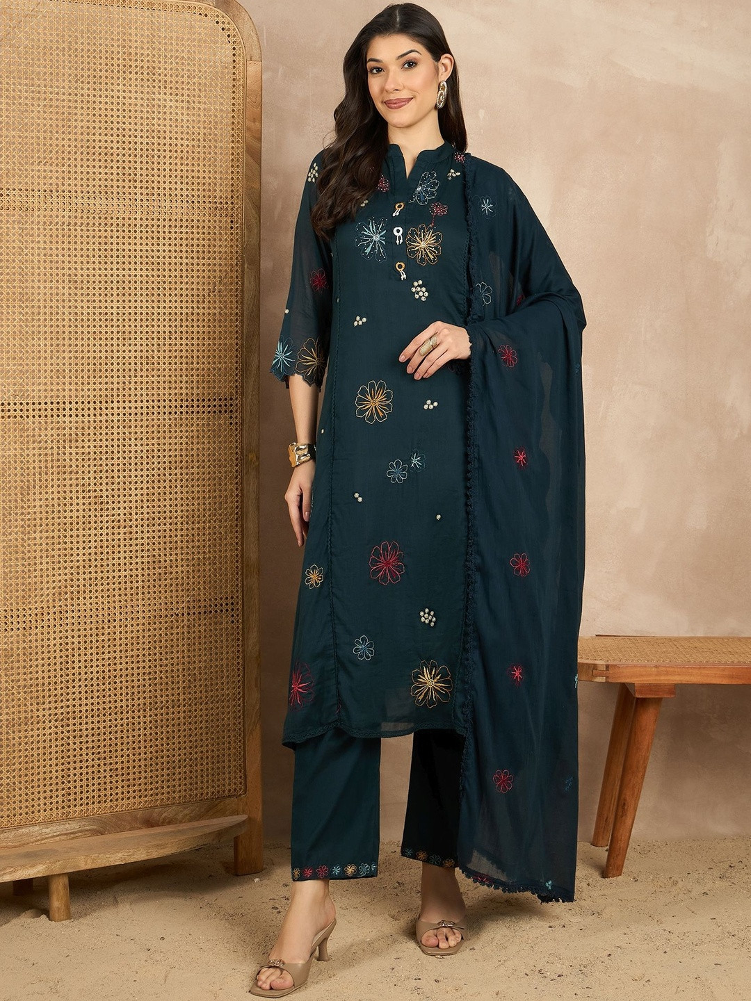 CHETI Floral Embroidered Mandarin Collar Kurta with Trousers & Dupatta