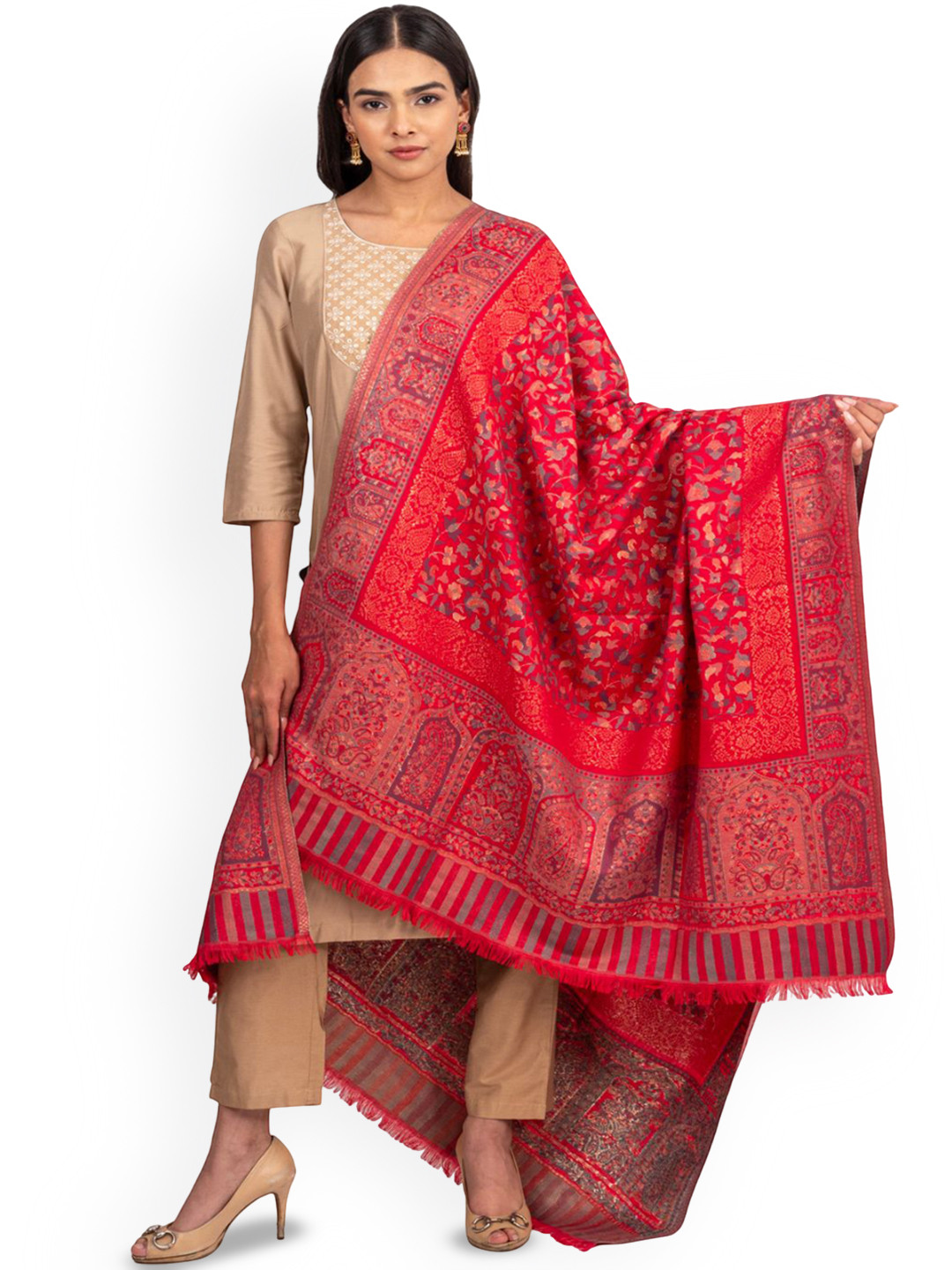 Naureen Floral Woven Design Mughal Artwork And Zari Accents Pashmina Kani Shawl