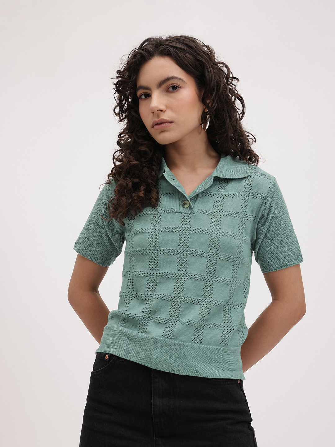 The Roadster Life Co. Knitted Geometric Design Shirt Style Top