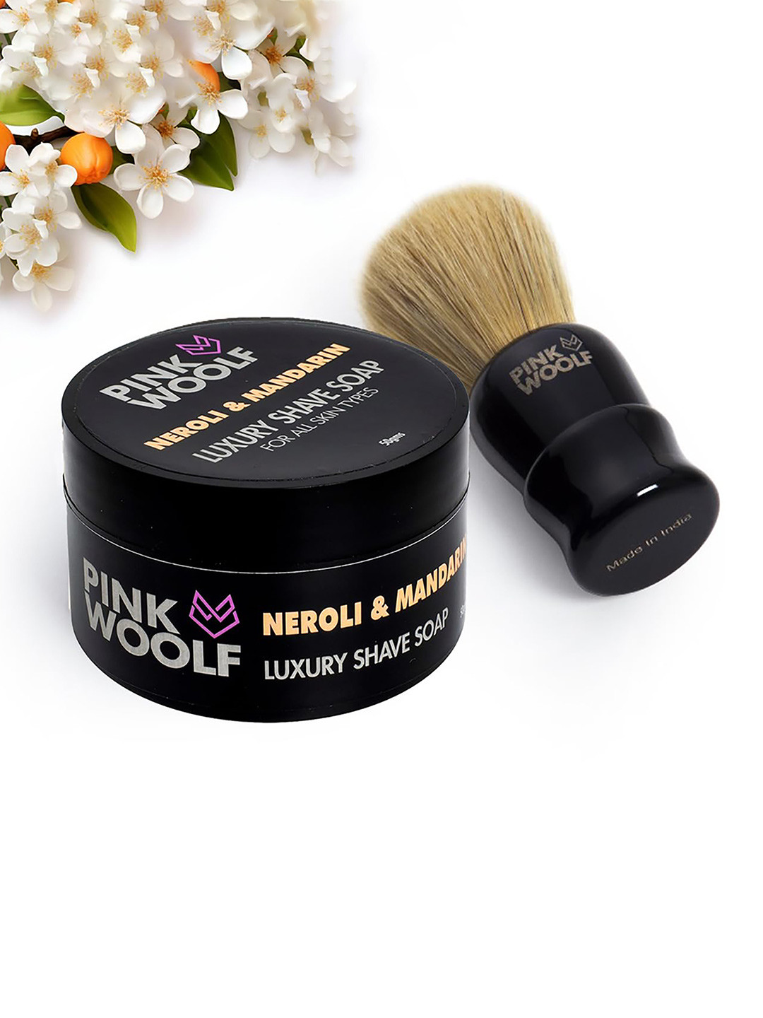 PINK WOOLF Soft Shaving Brush With Neroli & Mandarin Shaving Soap-50g