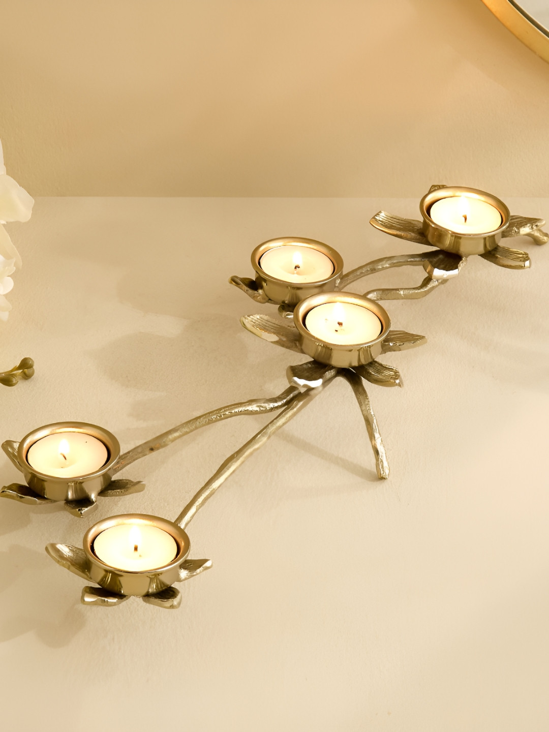 Home Centre Brill Brew Gold-Toned Floral Metal Candle Holder