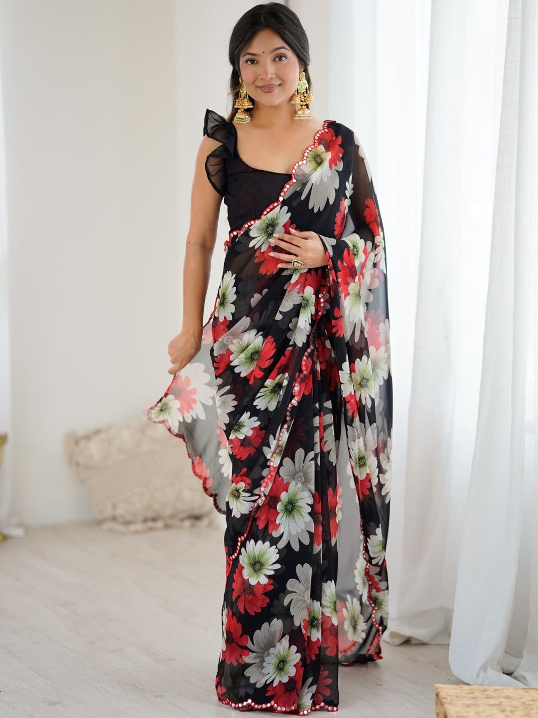 Civamee  Women Black Floral Mirror Work Poly Georgette Designer Saree