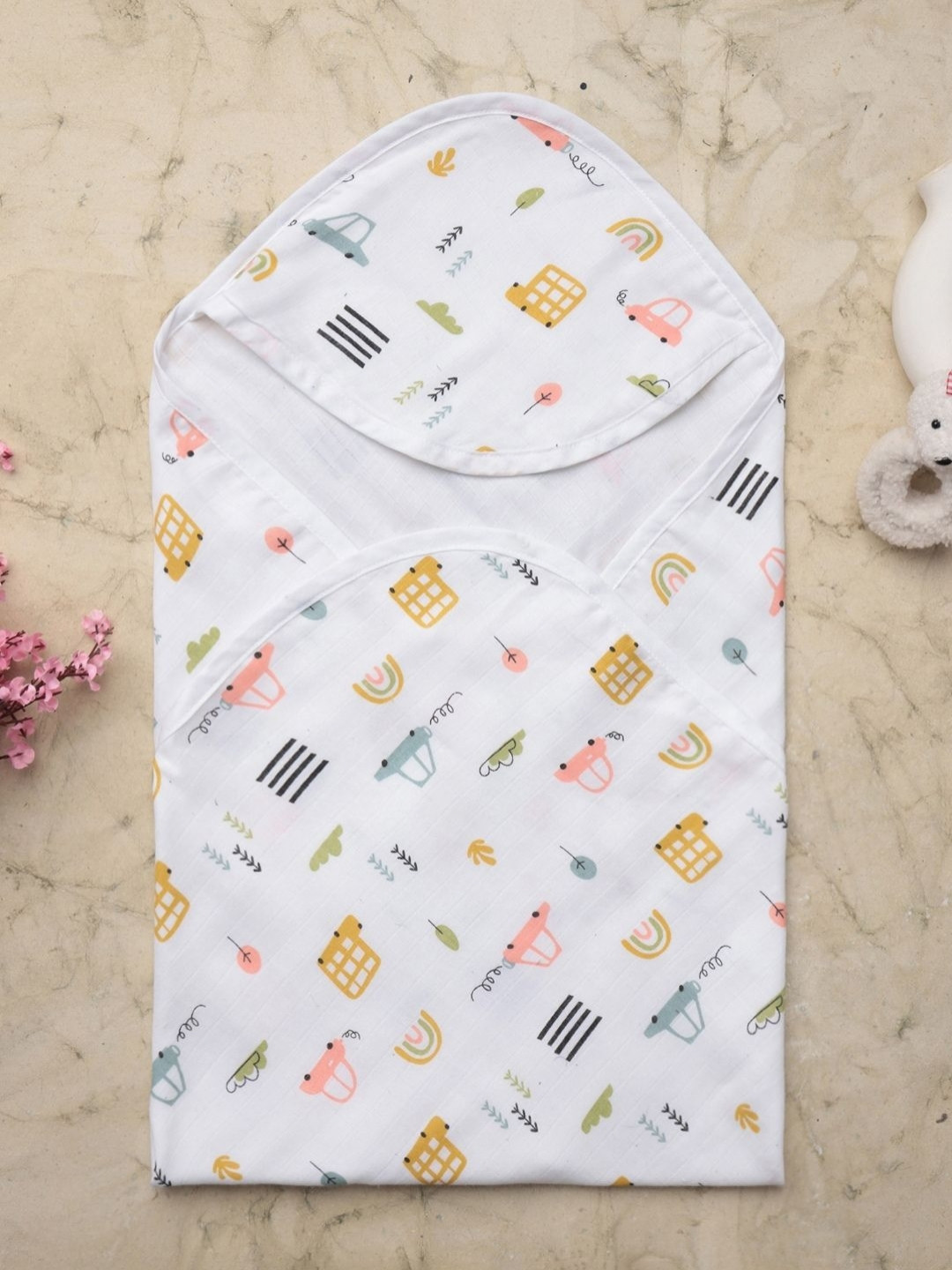 Nuego Infants White & Yellow Car Printed Organic Cotton 210 GSM Bath Towel