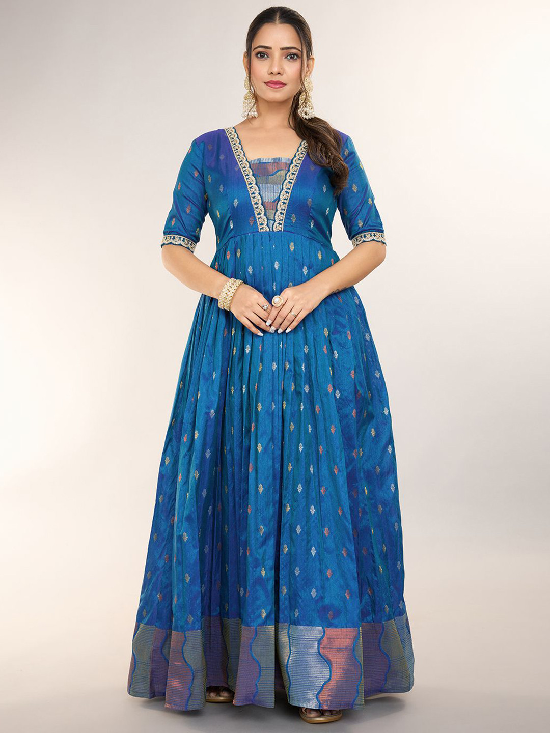 MORDEN MUSE Ethnic Motifs Woven Design Gathered or Pleated Flared Maxi Dress