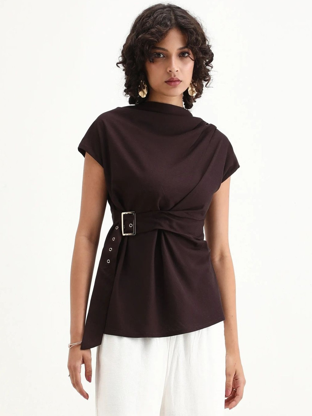 RAREISM Women Waist Tie-Ups High Neck Cap Sleeve Top