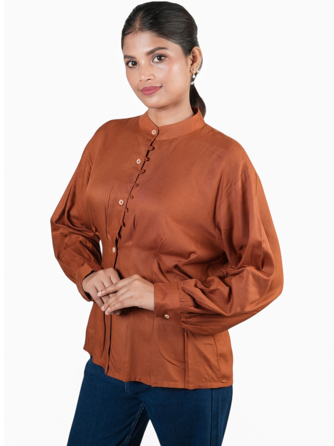 PALL&WE Mandarin Collar Cuffed Sleeves Top