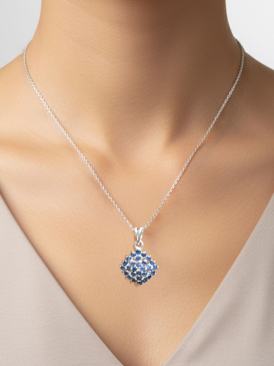 FUSIONARI Silver-Plated Square Sapphire Pendant with Chains