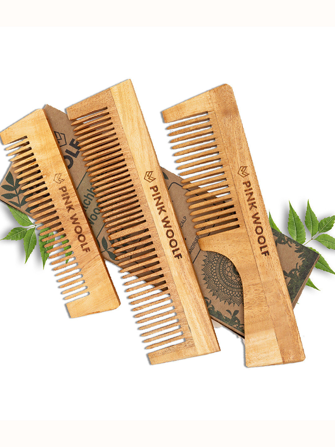 PINK WOOLF Set Of 3 Katchhi Neem Wooden Anti-Bacterial Hair Comb