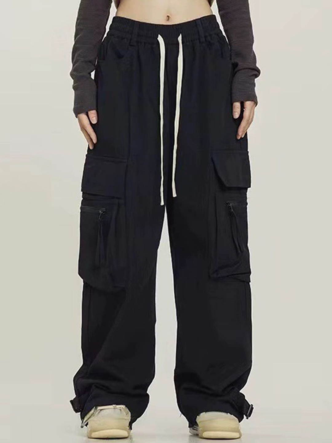LULU & SKY Women Black Solid Drawstring Waist Cargo Pants
