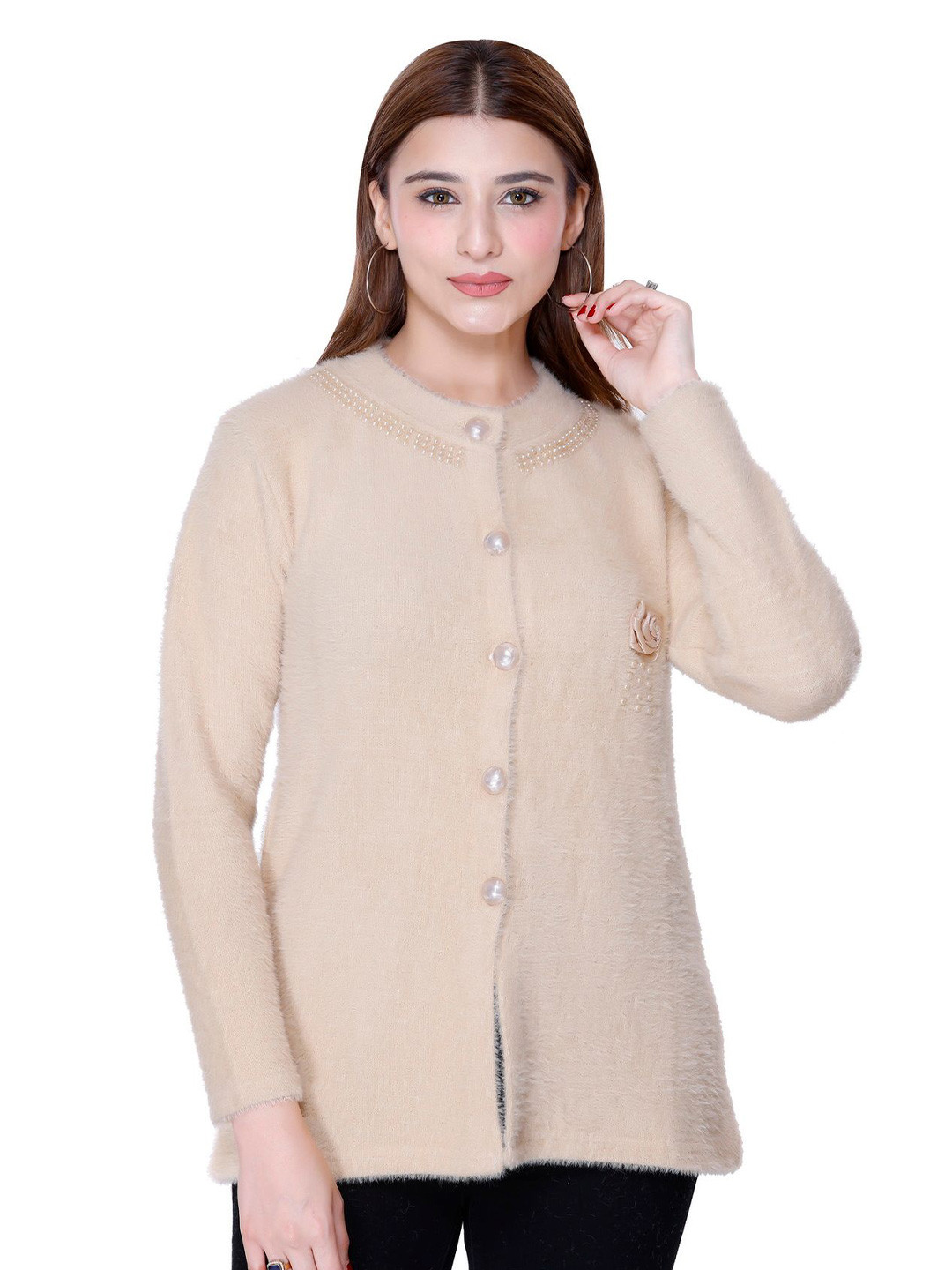 FASHSTORE Women Woollen Applique Front Open Button Closure Long Sleeves Cardigan