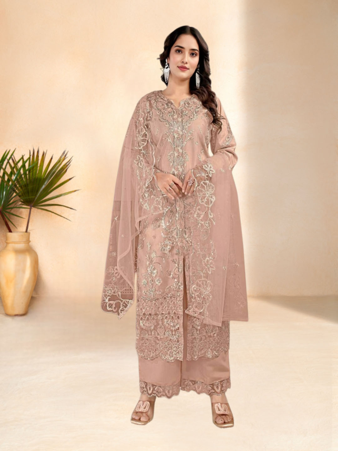 SHREEPAD ENTERPRISE Ethnic Motifs Embroidered Net Kurta with Palazzos & Dupatta