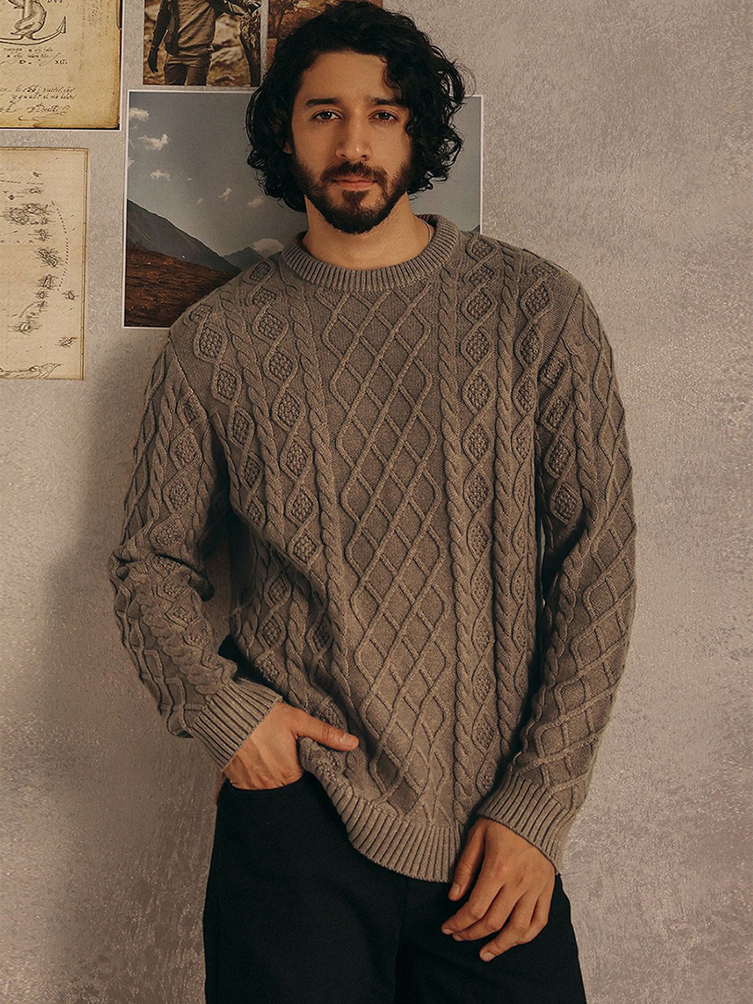 Andamen Men Escape Self Design Round Neck Cable Knit Pullover