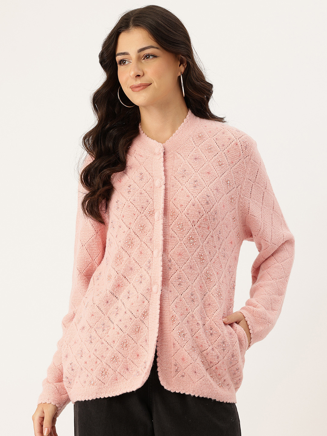 APSLEY Geometric Self Design Embellished Scallop Hem Cardigan