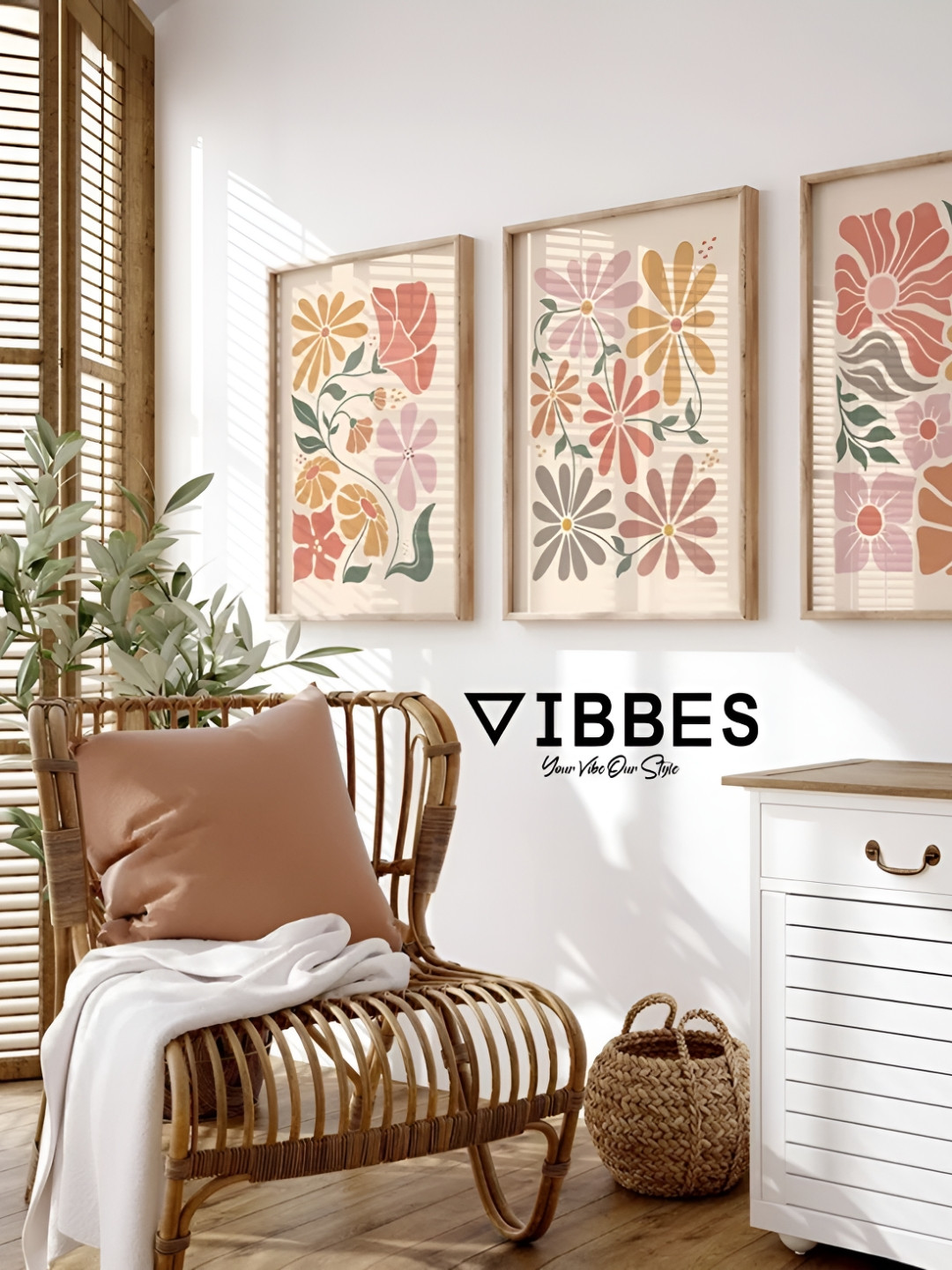 Vibbes Set of 3 Multicoloured Floral Wood Wall Paintings