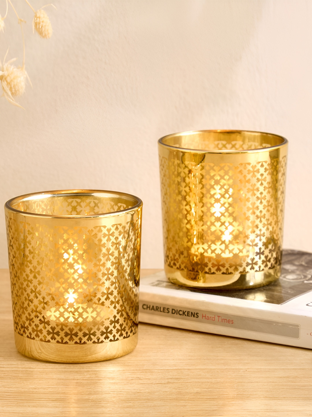 Home Centre Salsa Anogha Gold-Toned 2 Pieces Glass Candle Holders