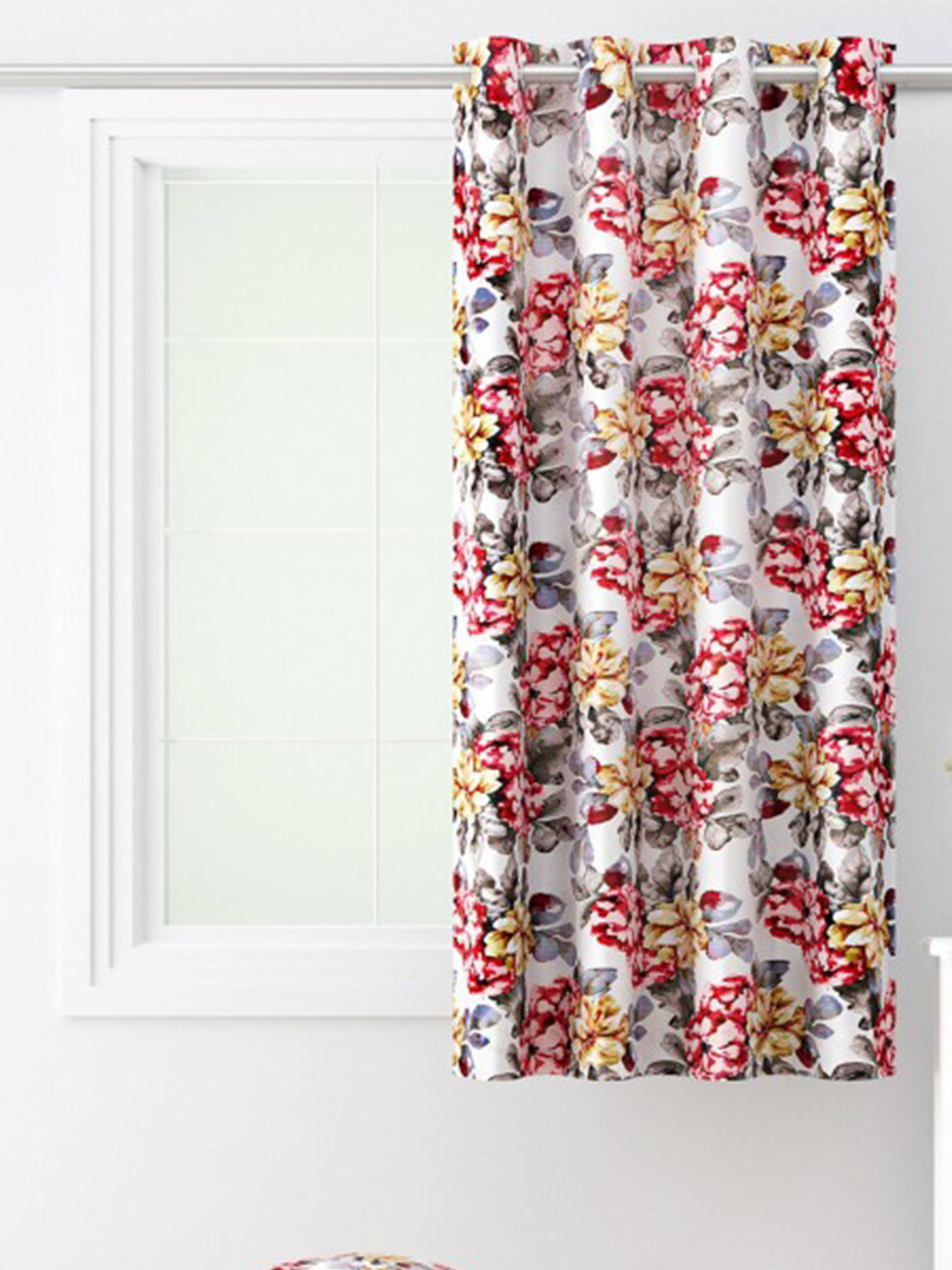 SWAYAM Omega White & Red Floral Room Darkening Window Curtain