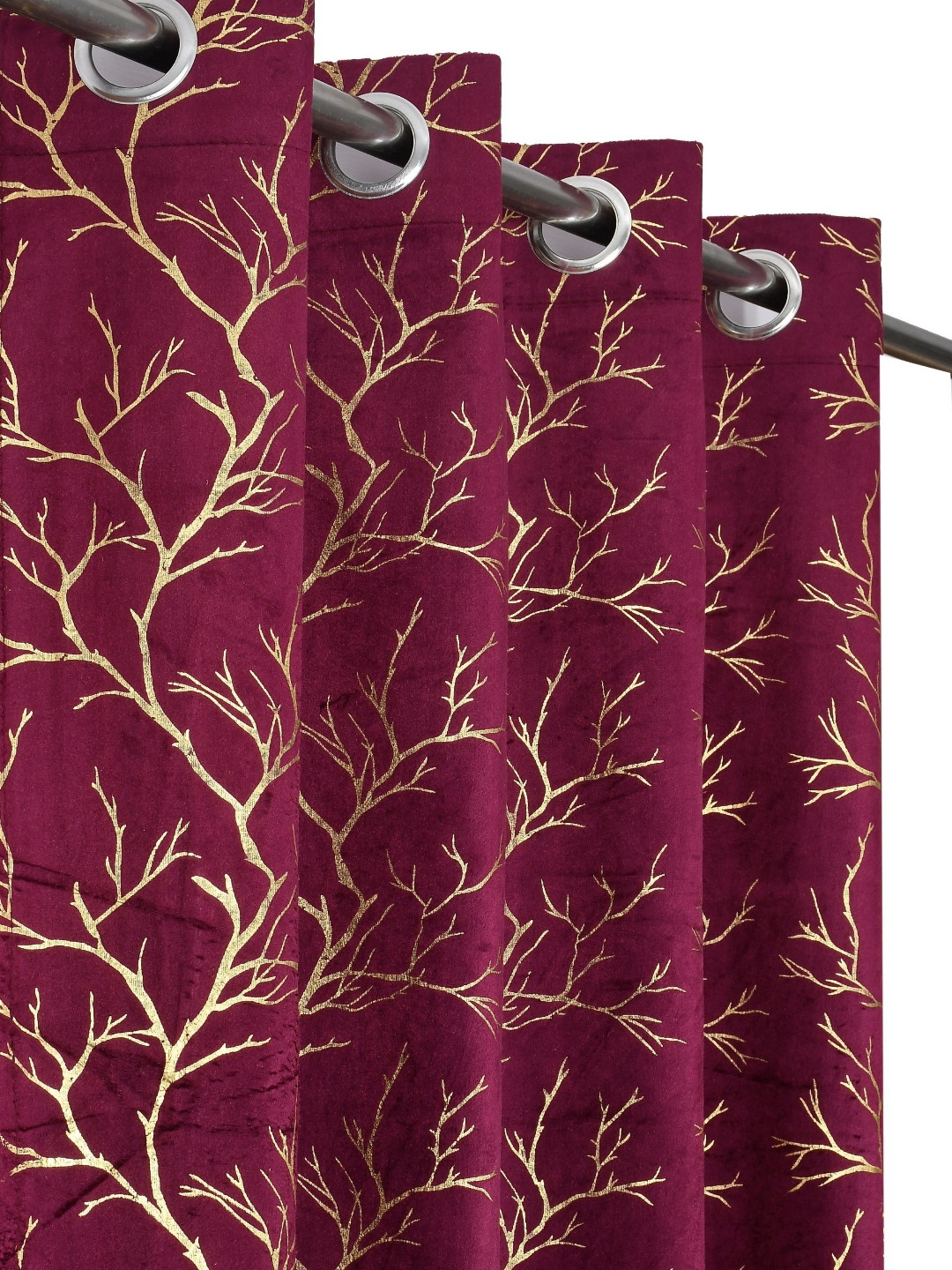 GEET CREATIONS Purple 2 Pieces Floral Printed Room Darkening Velvet Long Door Curtains
