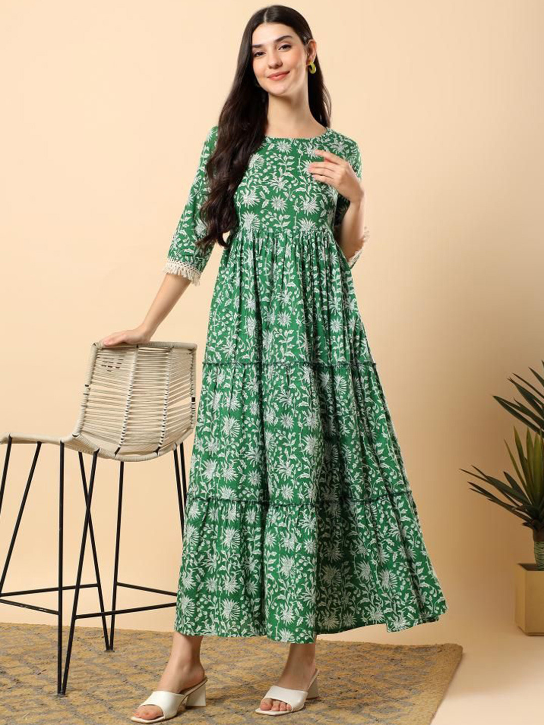 aayusika Women Printed & Hand Embroidery Work Cotton A-Line Tiered Maxi Dress