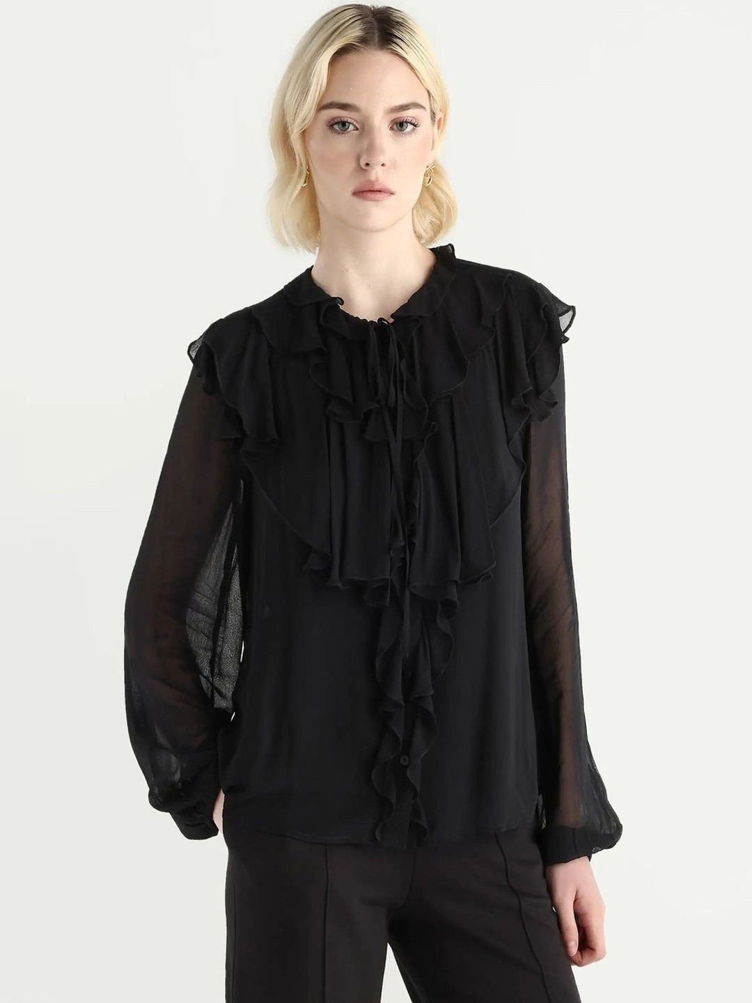 RAREISM NUBIN Women Black Primary Tie-Up Neck Puff Sleeve Ruffles Shirt Style Top