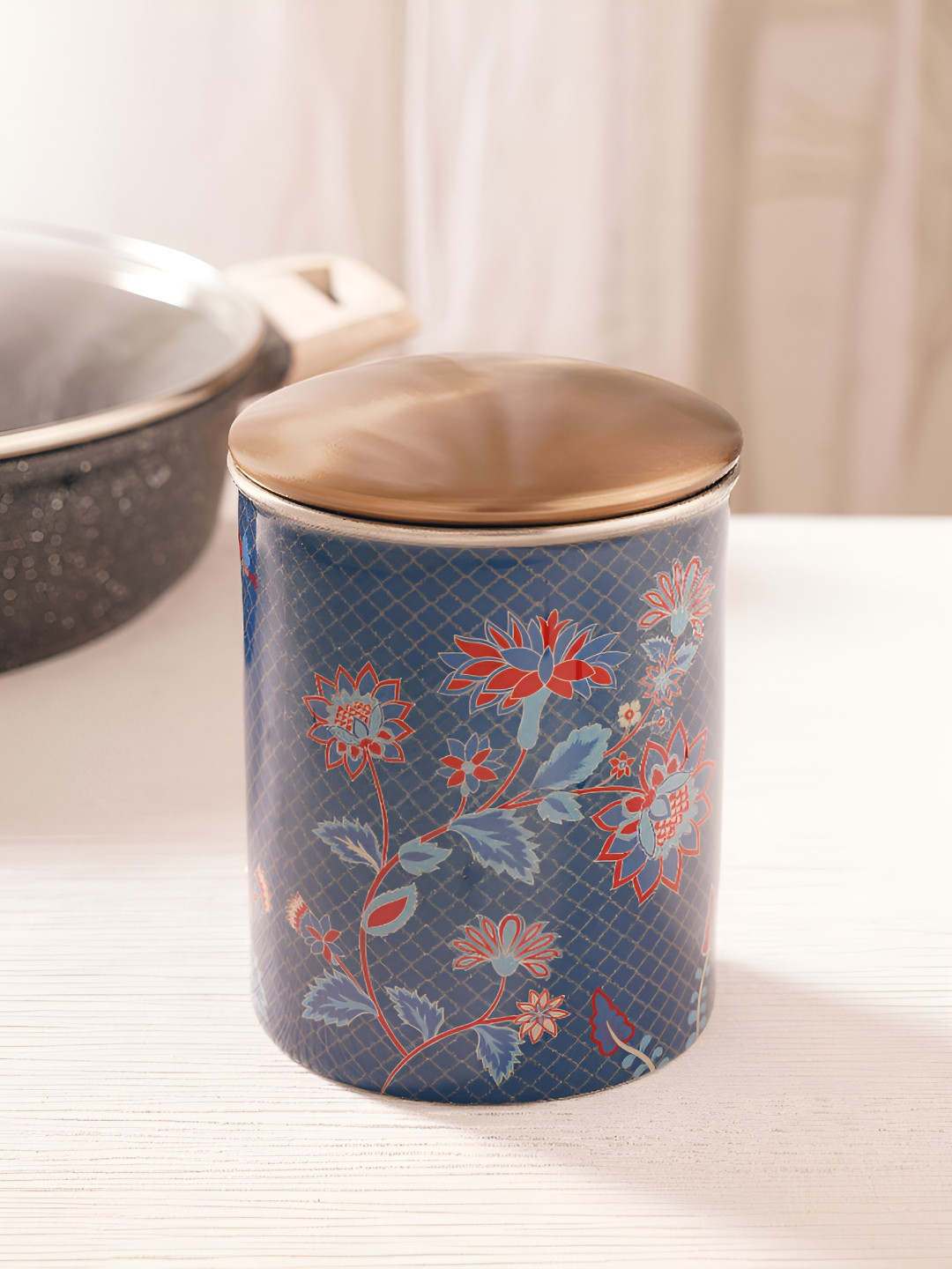 JAYPORE Blue And Red Stainless Steel Canister Round Container