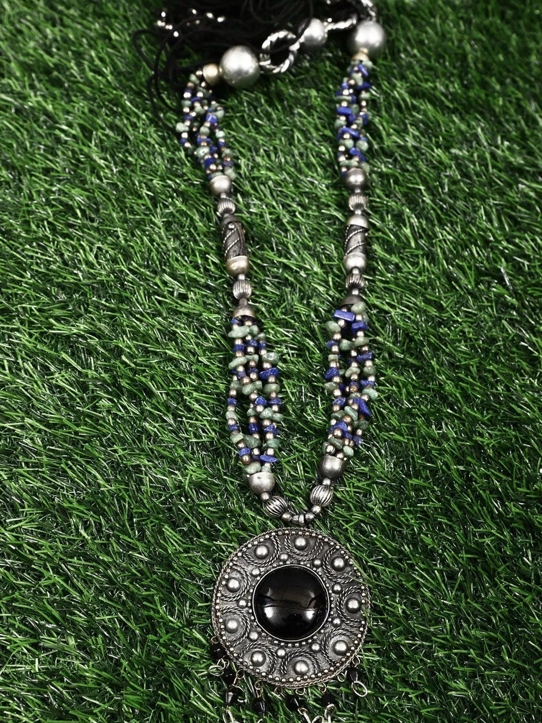 Exotic India Gemstone Studded Oxidised Long Necklace