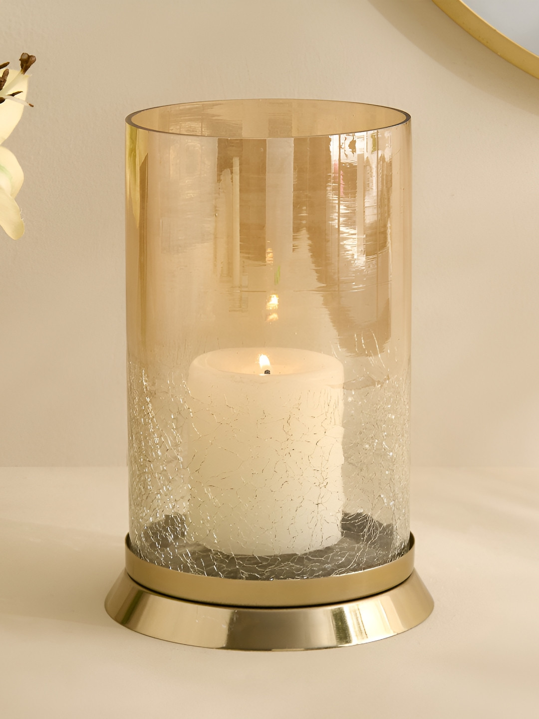 Home Centre Austin Yellow Crackled Textured Glass Candle Holder