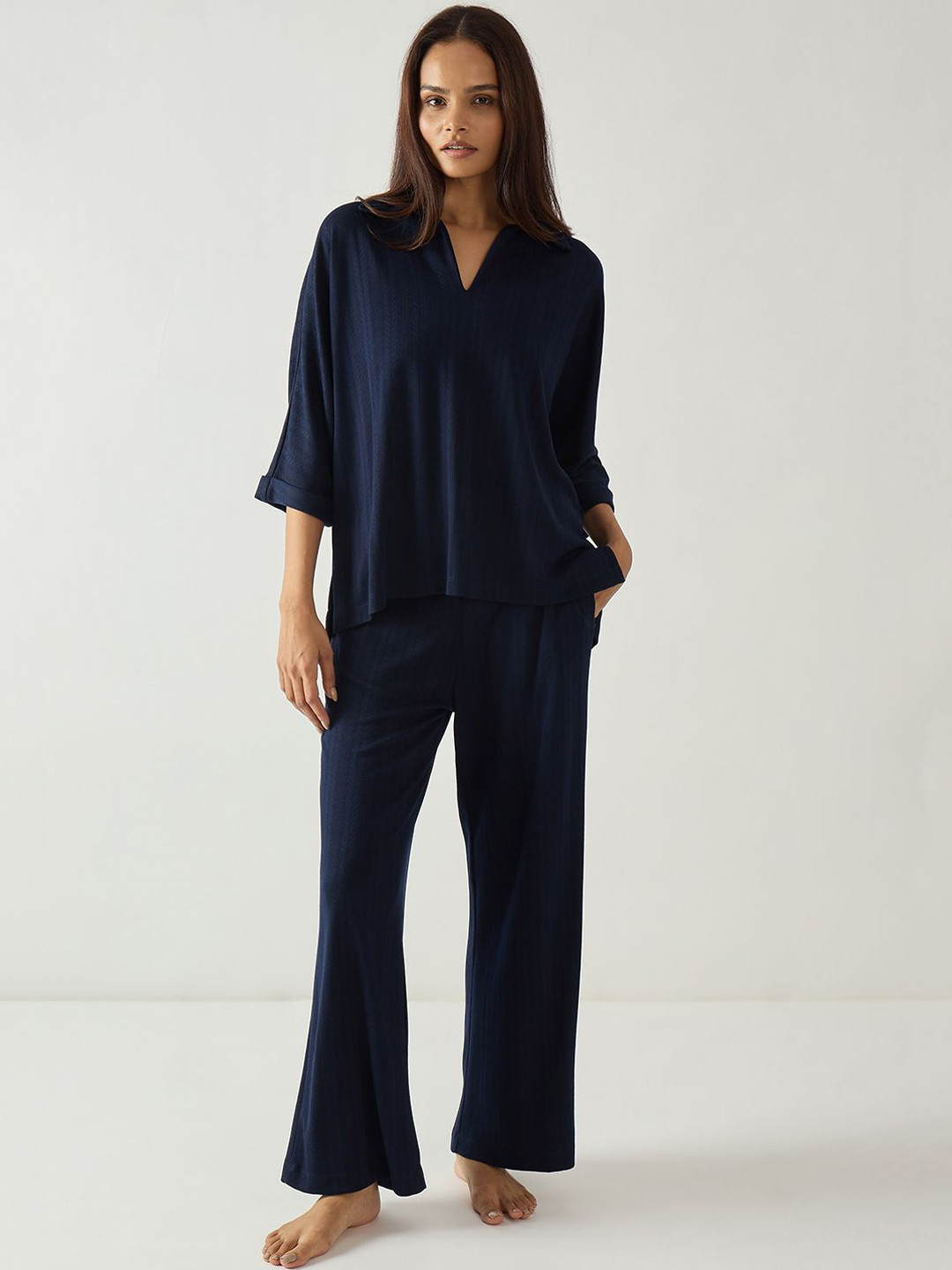 FEMMELLA Shirt Collar Textured Top With Trousers