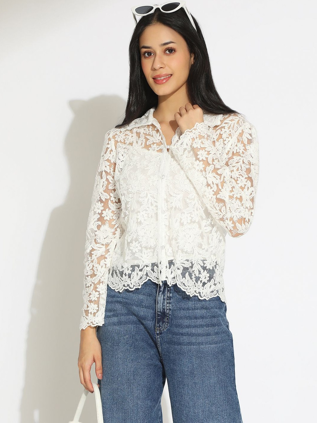 SHOWOFF Women Floral Embroidered Shirt Collar Lace Semi Sheer Top