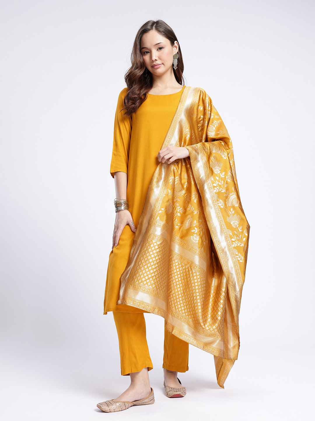 Anouk Rustic Floral Woven Design Kurta with Trousers & Dupatta