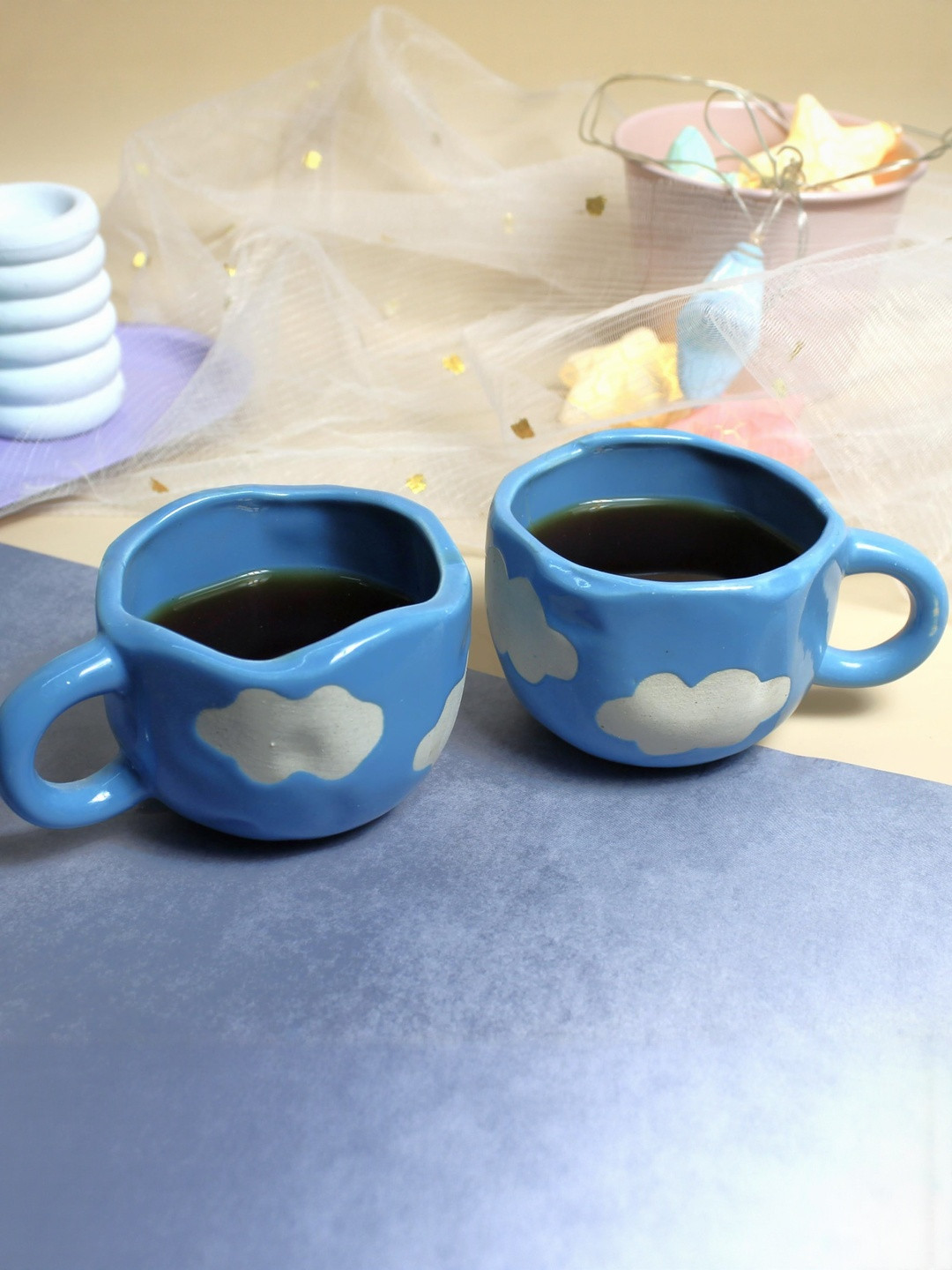 del hogar Set Of 2 Blue Clouds Printed Ceramic Glossy Cups