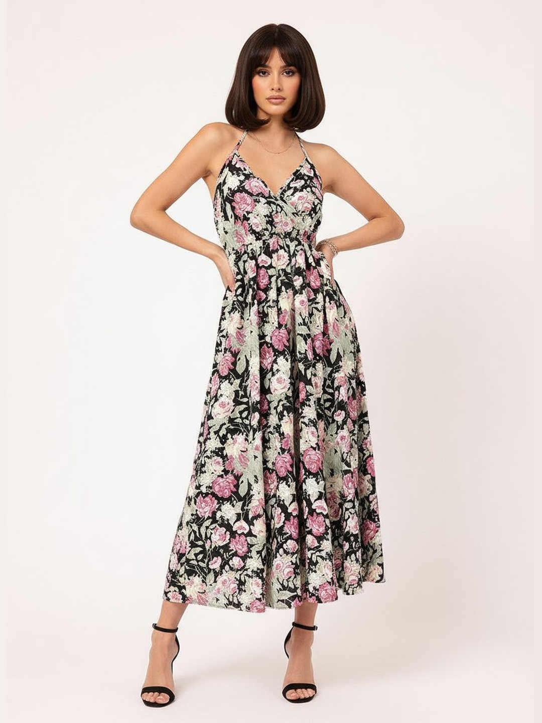 DressBerry Floral Finesse Halter Neck A-Line Midi Dress