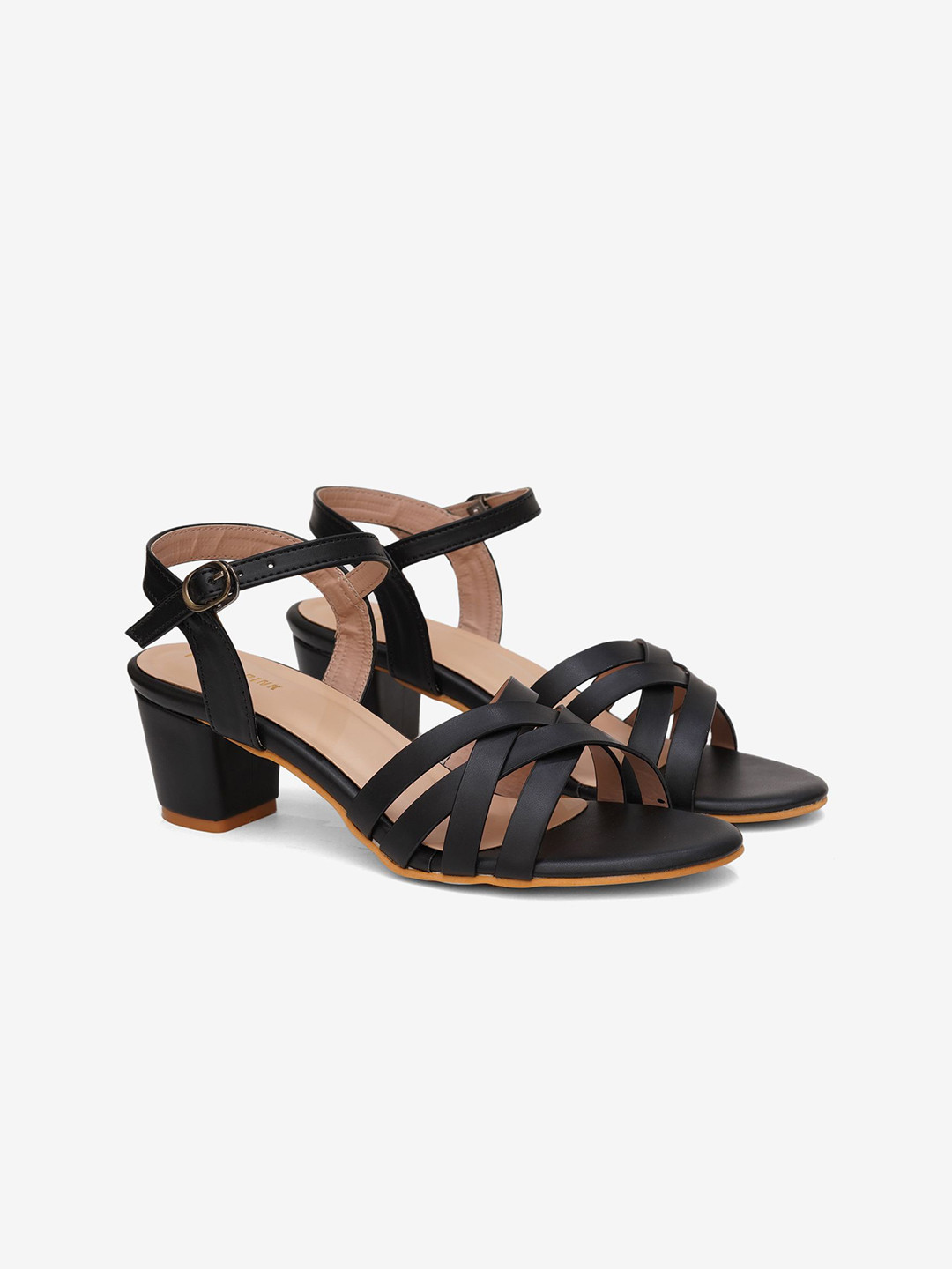 POPPYPINK Women Open Toe Cross Strap Design Block Sandals with Buckles